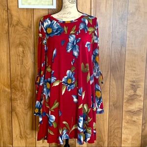 Red Floral Bell Sleeve Tunic Dress Large